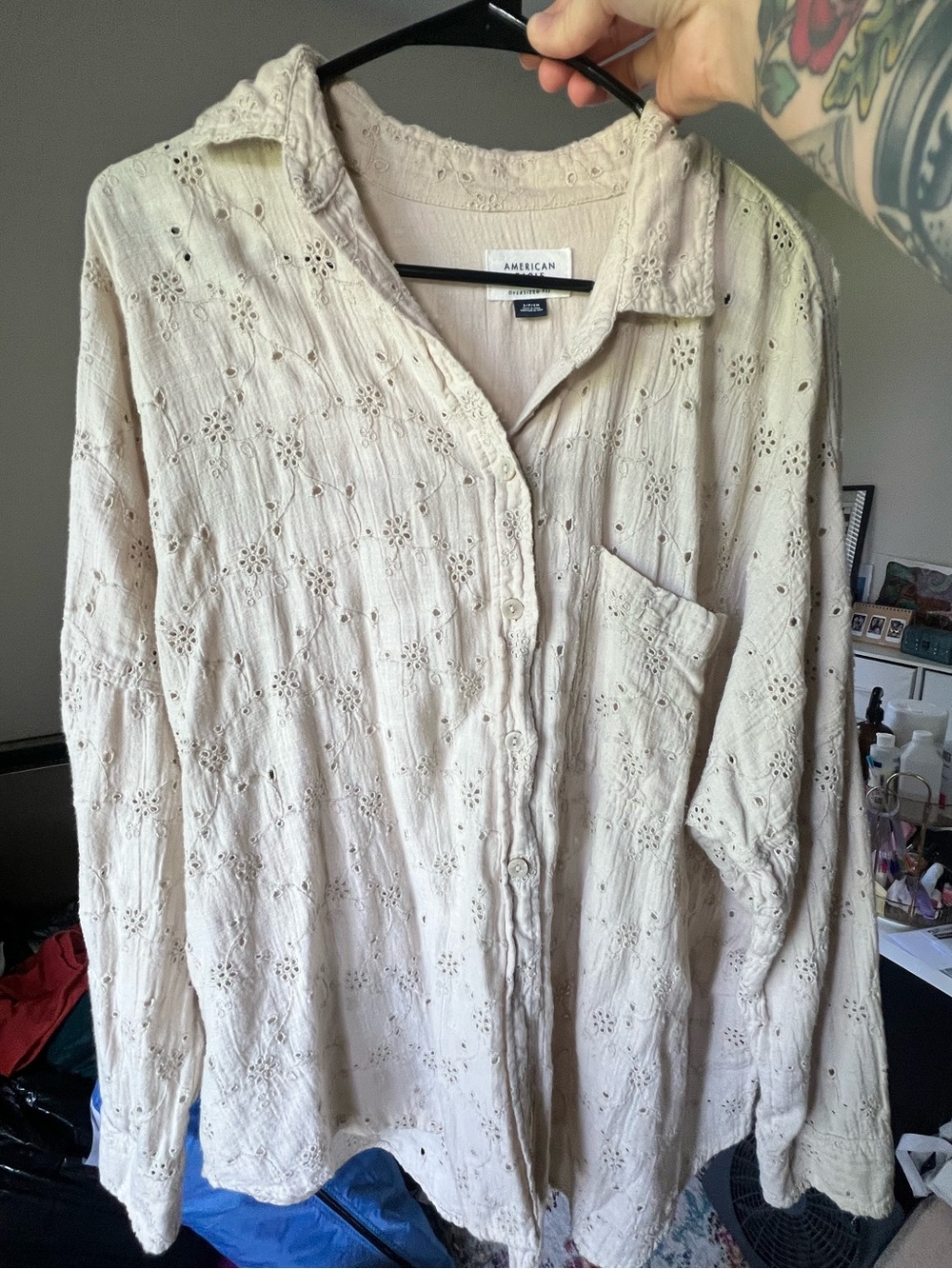 American Eagle Light Beige Eyelet Button-Down Top